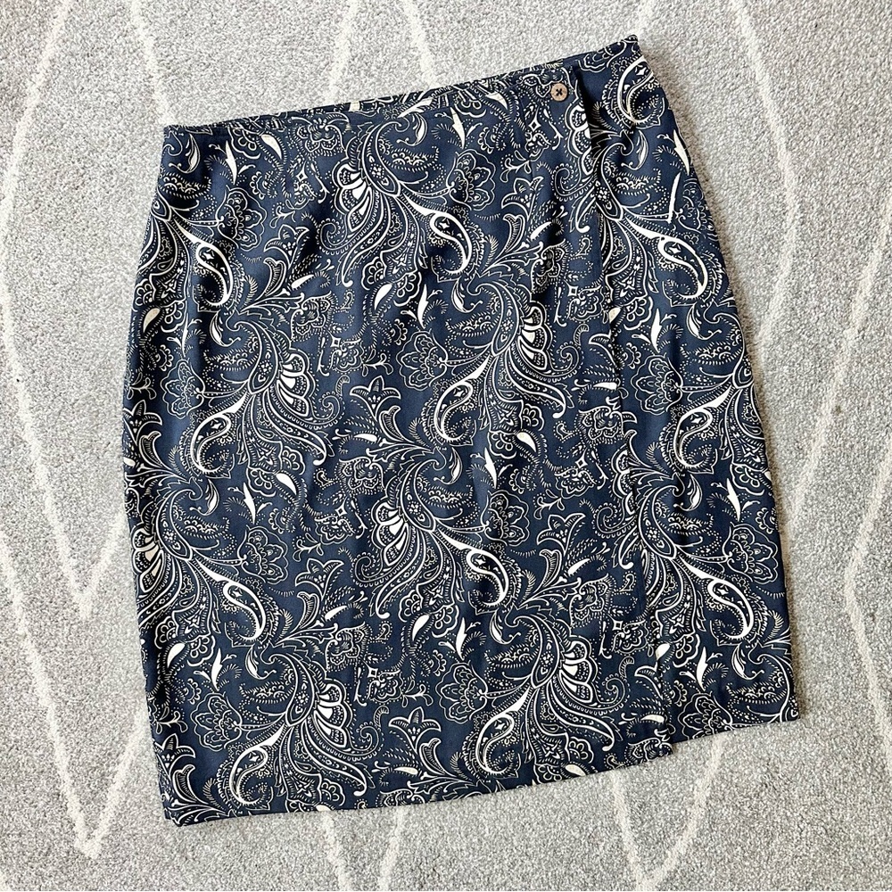 Rum Runner Navy Blue Paisley Silk Wrap Pencil Skirt